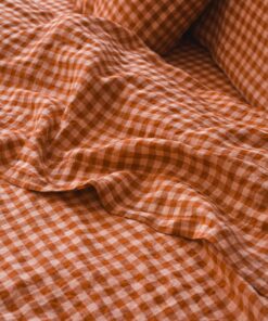 Cinnamon & Peach Colour Drenched Gingham Linen Blend Flat Sheet
