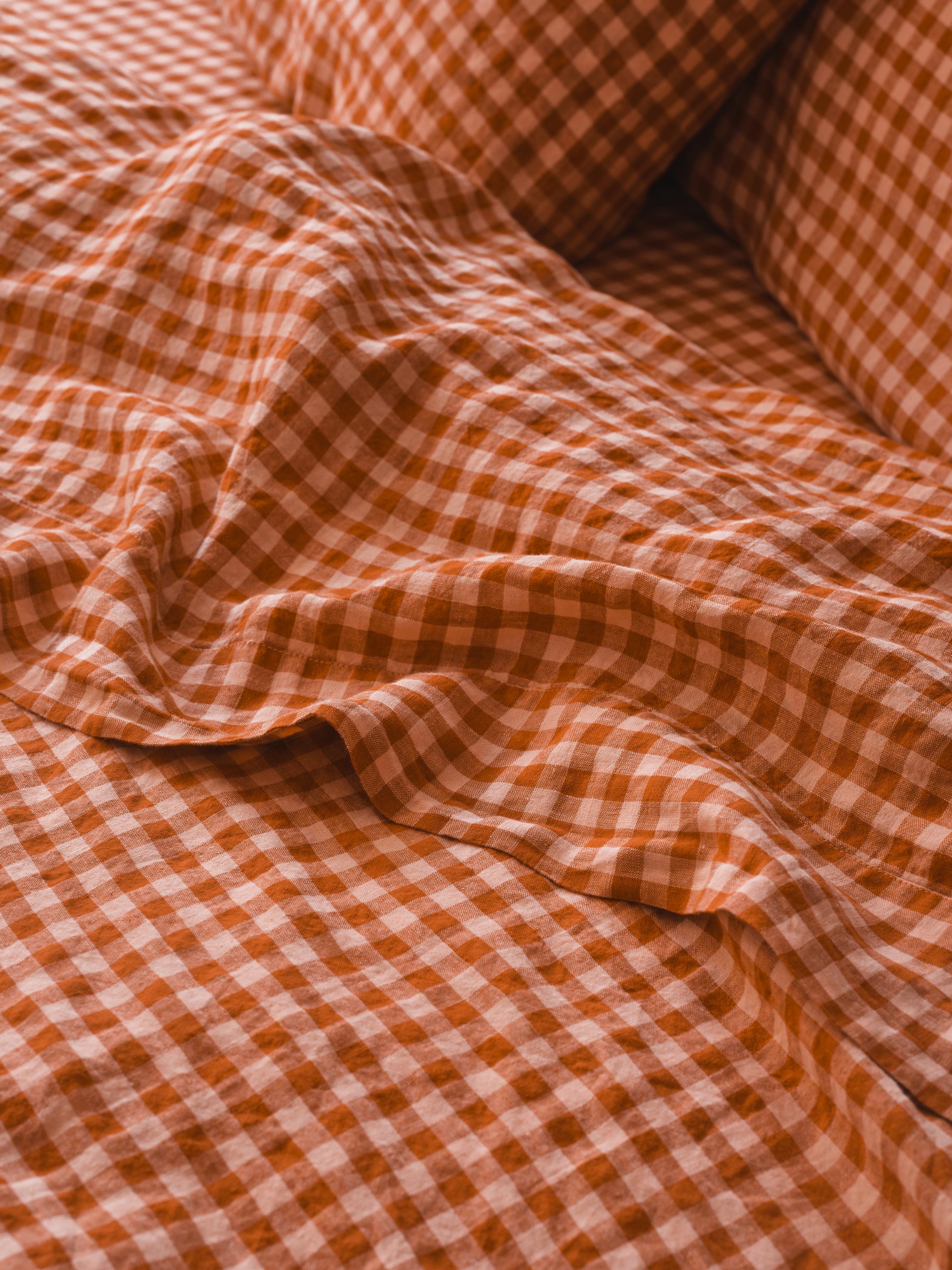 Cinnamon & Peach Colour Drenched Gingham Linen Blend Flat Sheet