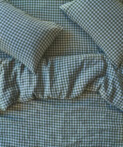Fern Green & Dusk Blue Colour Drenched Gingham Linen Blend Duvet Cover