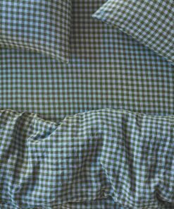 Fern Green & Dusk Blue Color Drenched Gingham 100% Linen Fitted Sheet