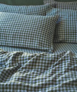 Fern Green & Dusk Blue Colour Drenched Gingham Linen Blend Pillowcases (Pair)