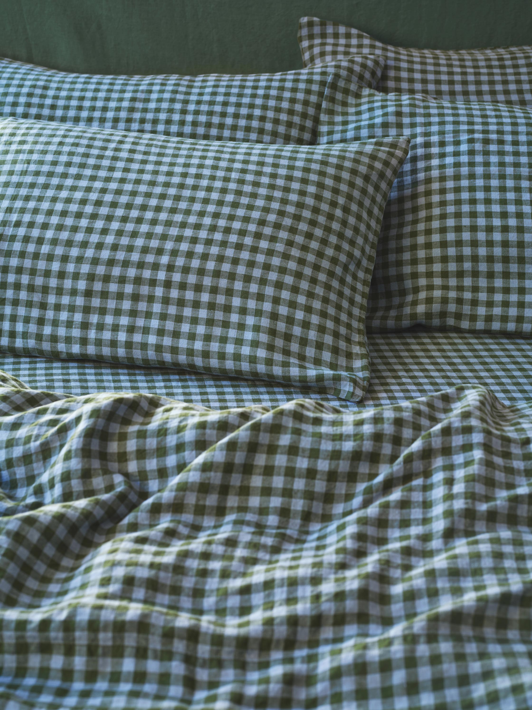 Fern Green & Dusk Blue Colour Drenched Gingham Linen Blend Pillowcases (Pair)