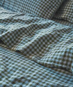 Fern Green & Dusk Blue Color Drenched Gingham 100% Linen Flat Sheet