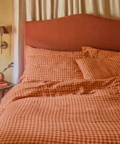 Cinnamon & Peach Color Drenched Gingham 100% Linen Duvet Cover