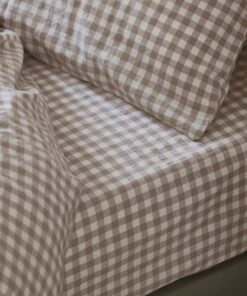 Mushroom Gingham 100% Linen Fitted Sheet