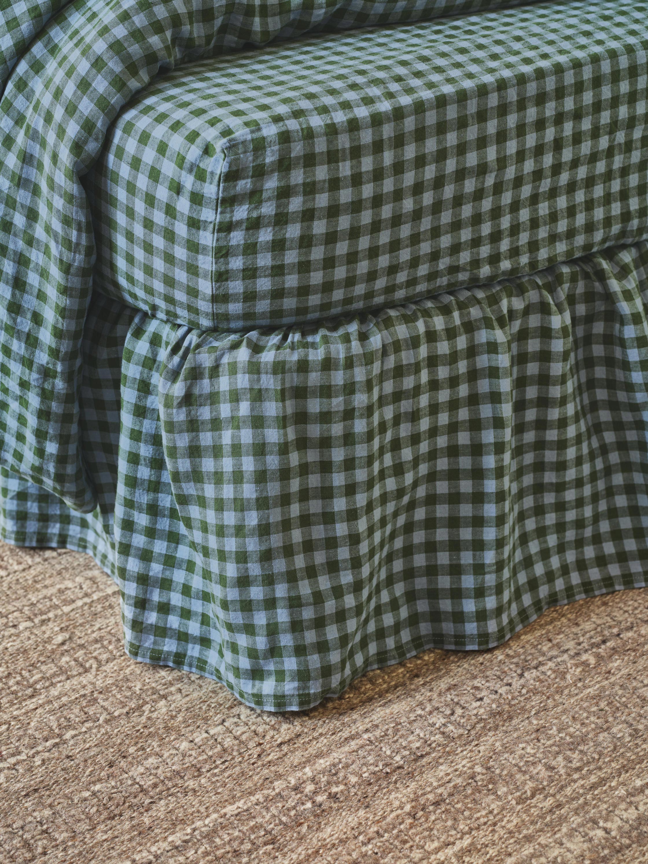 Fern Green & Dusk Blue Color Drenched Gingham Linen Blend Bed Skirt - Image 2