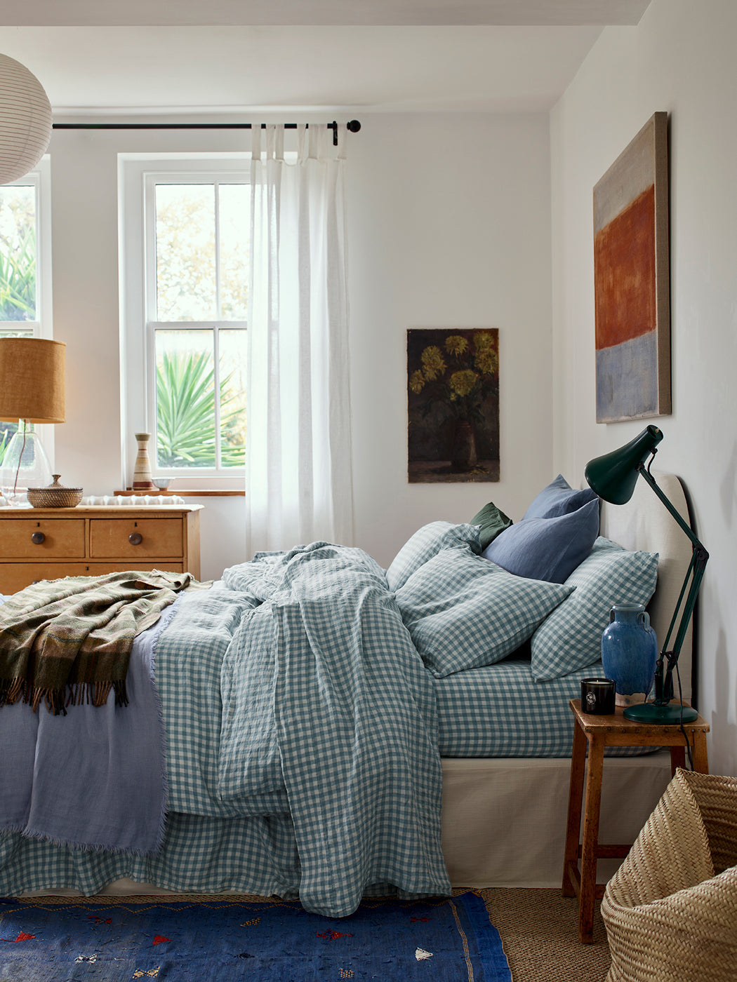 Warm Blue Gingham 100% Linen Duvet Cover - Image 2