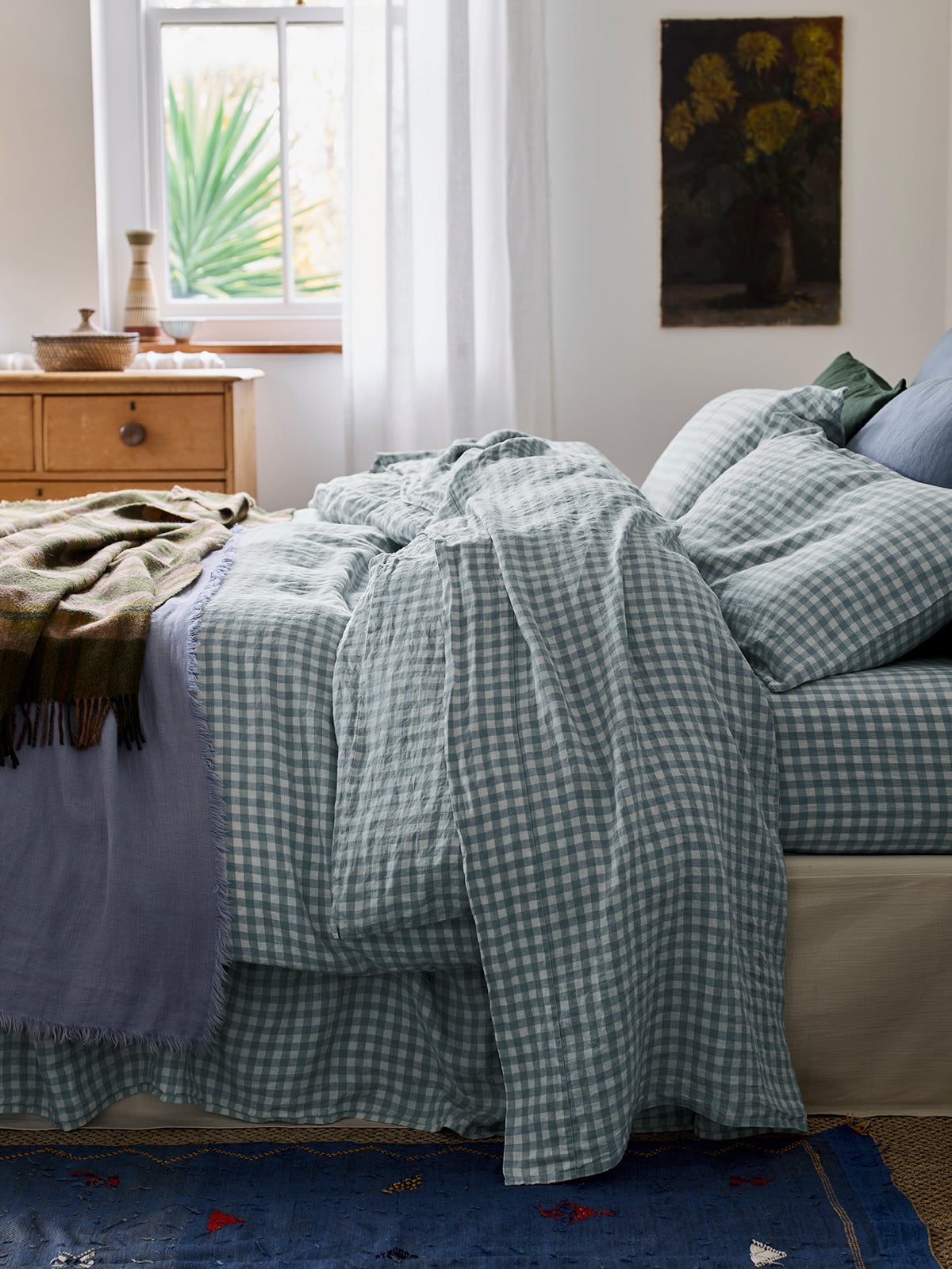 Warm Blue Gingham Linen Blend Duvet Cover - Image 2