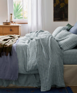 Warm Blue Gingham 100% Linen Flat Sheet