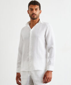 White 100% French Flax Linen Men's Long Sleeve Shirt
