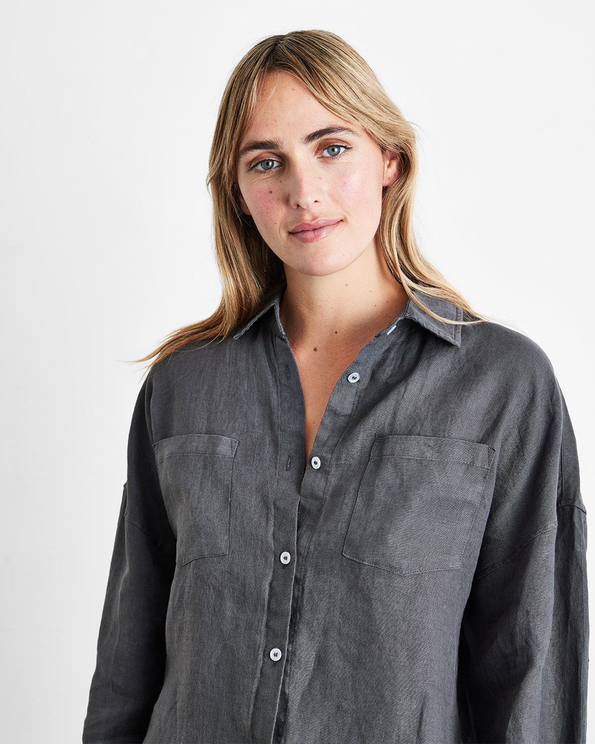 Charcoal 100% French Flax Linen Long Sleeve Shirt - Image 2