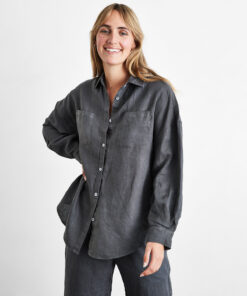 Charcoal 100% French Flax Linen Long Sleeve Shirt