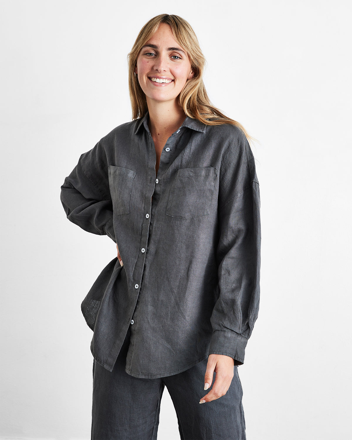 Charcoal 100% French Flax Linen Long Sleeve Shirt