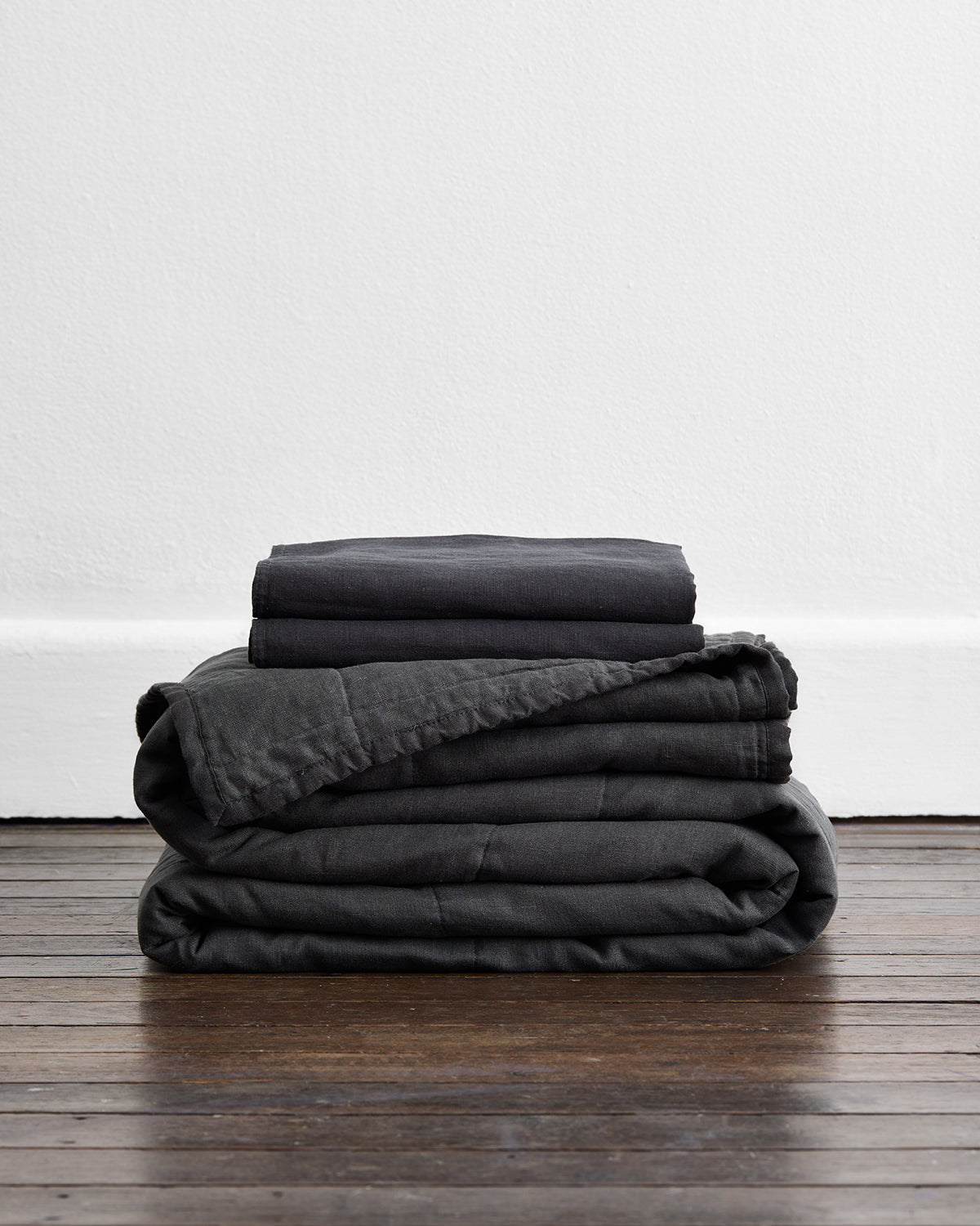 Charcoal 100% French Flax Linen Quilt Set