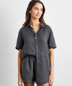 Charcoal 100% French Flax Linen Short Sleeve Shirt
