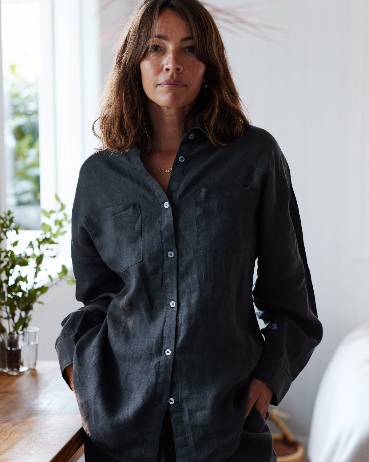 Charcoal 100% French Flax Linen Long Sleeve Shirt - Image 4