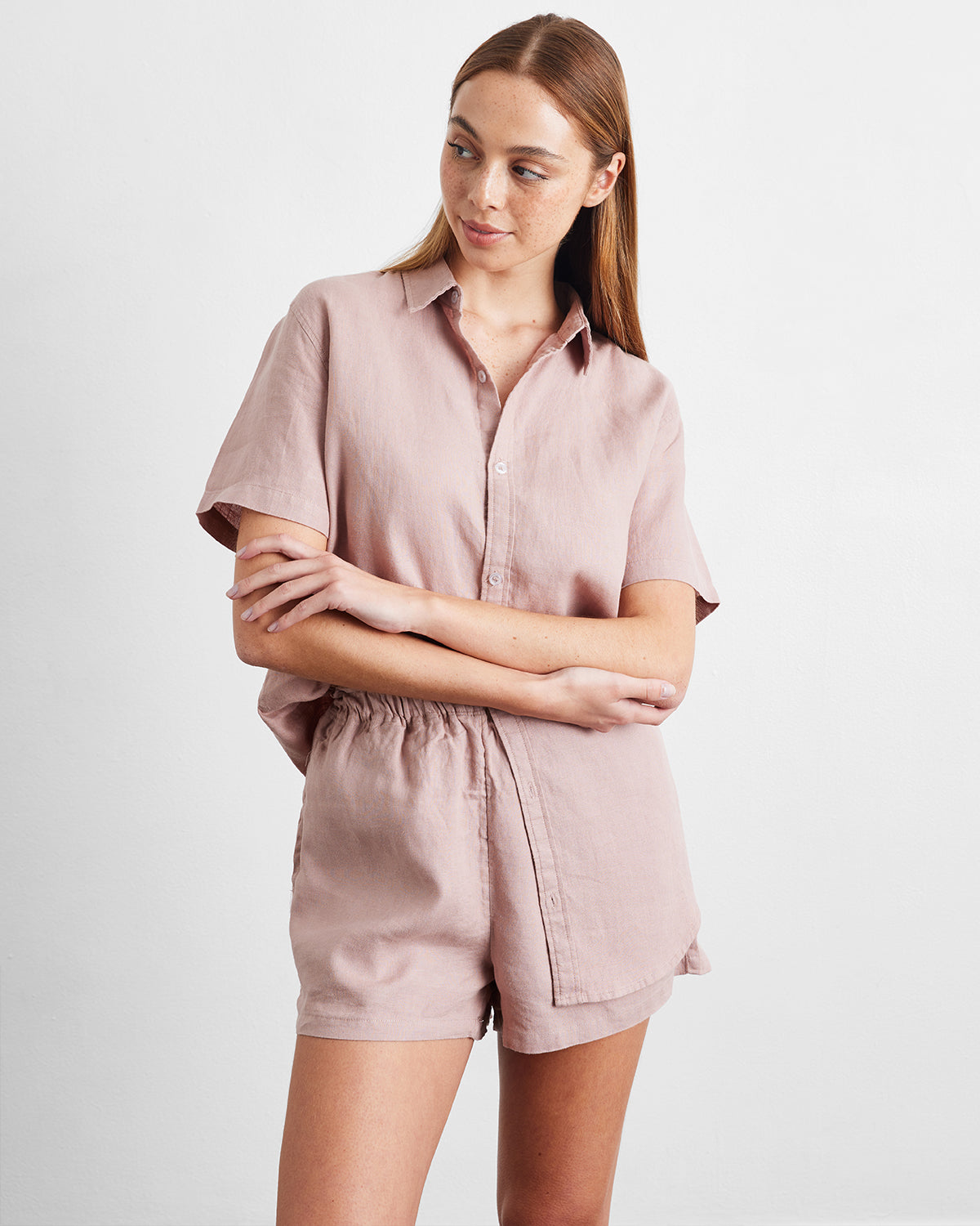 Lavender 100% French Flax Linen Short Sleeve Shirt