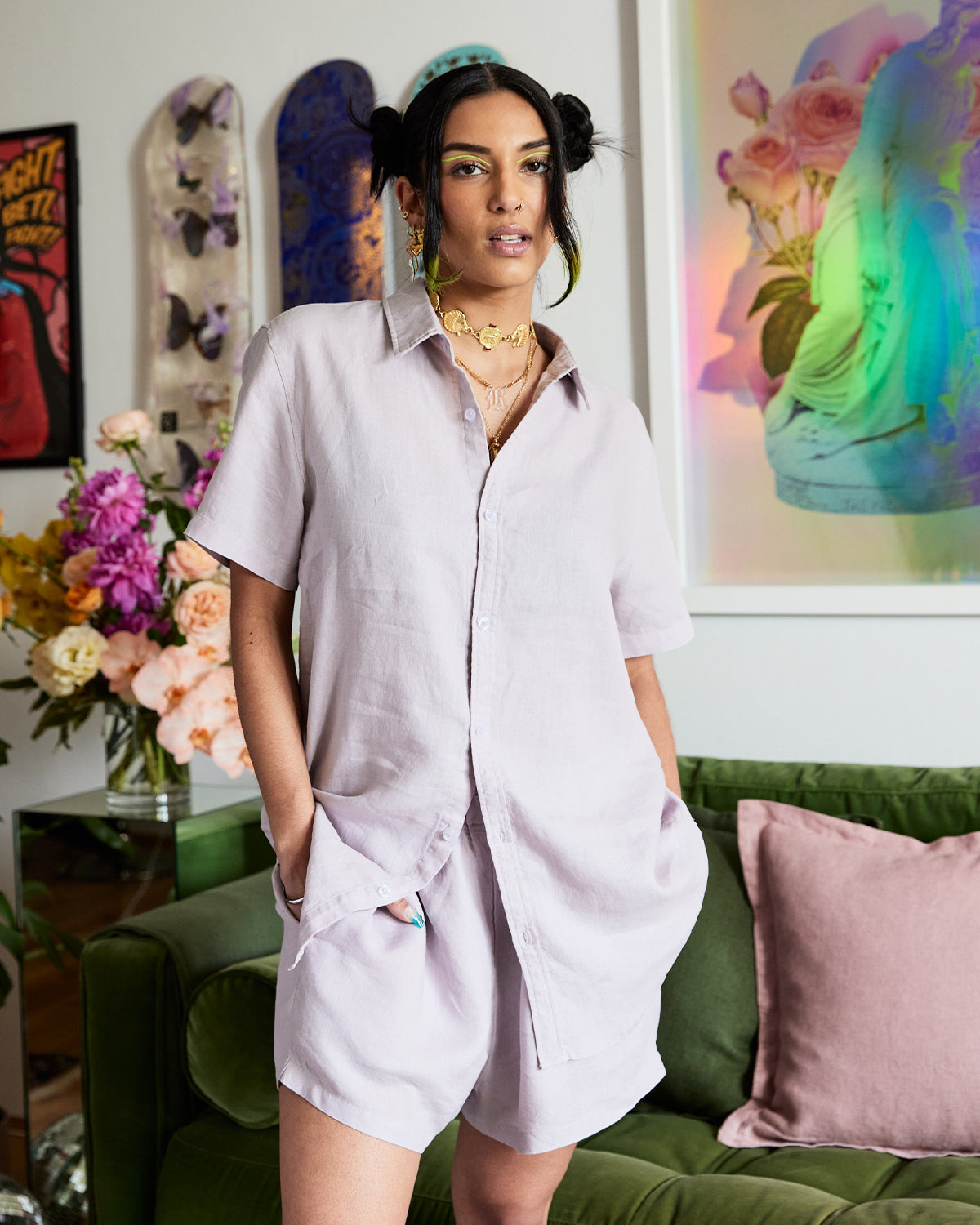 Lilac 100% French Flax Linen Shorts - Image 4