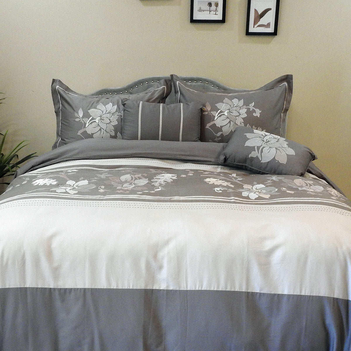 Embroidered Floral 100% Cotton Duvet Cover Set (5 Piece) Myra - Gray - Image 3
