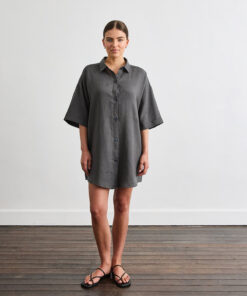 Villa Linen Shirt Dress in Charcoal