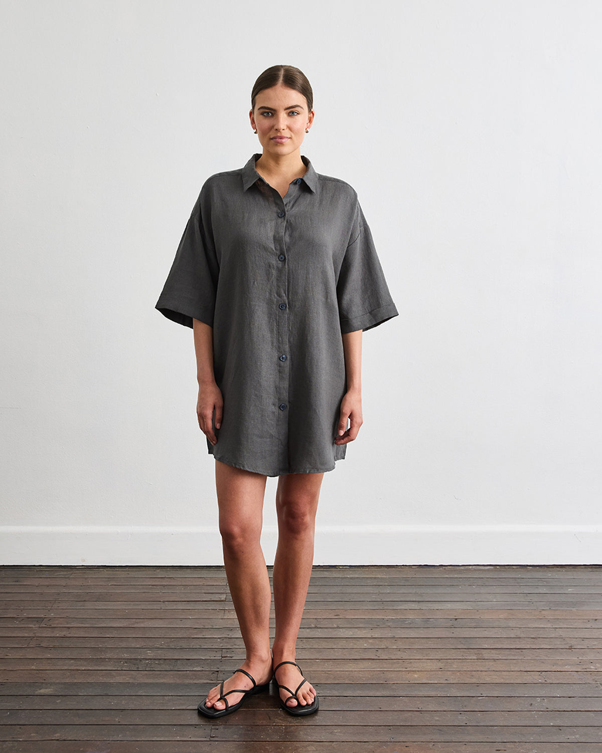 Villa Linen Shirt Dress in Charcoal