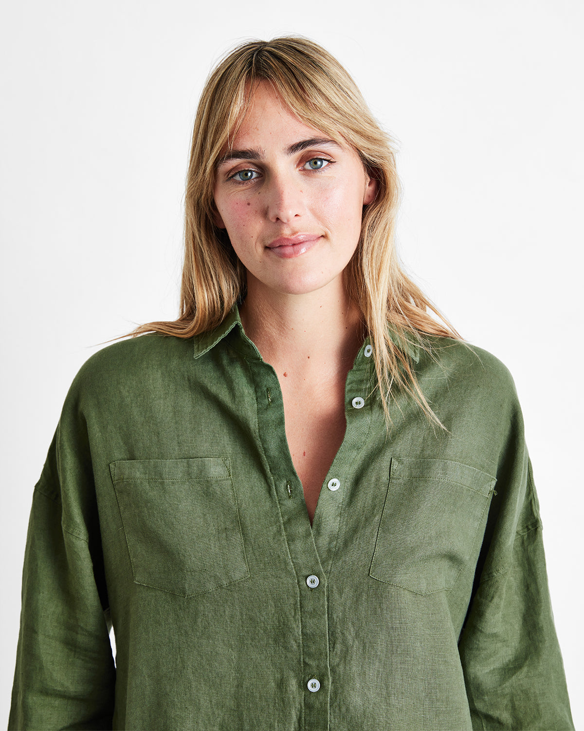 Olive 100% French Flax Linen Long Sleeve Shirt - Image 2