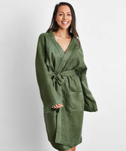 Olive 100% French Flax Linen Waffle Robe