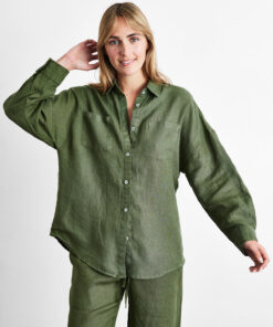 Olive 100% French Flax Linen Long Sleeve Shirt