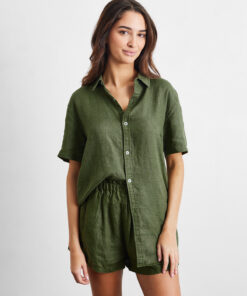 Olive 100% French Flax Linen Short Sleeve Shirt