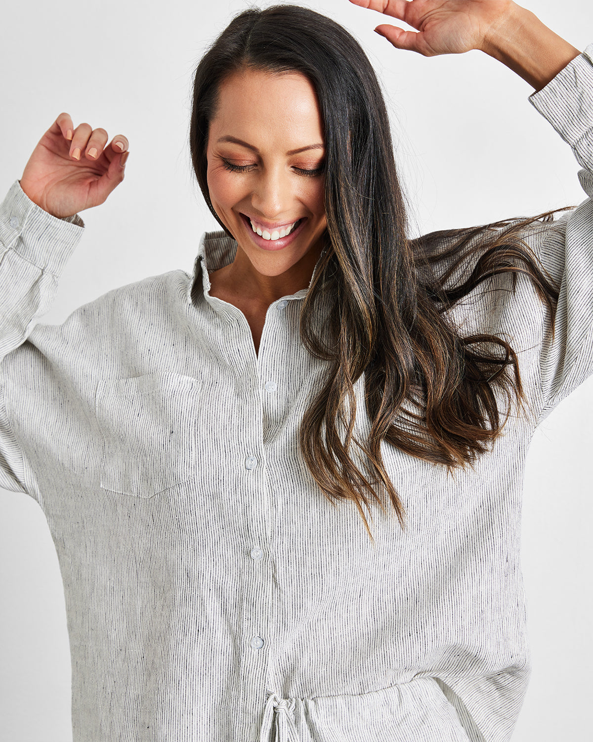 Pinstripe 100% French Flax Linen Long Sleeve Shirt - Image 3