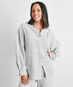 Pinstripe 100% French Flax Linen Long Sleeve Shirt