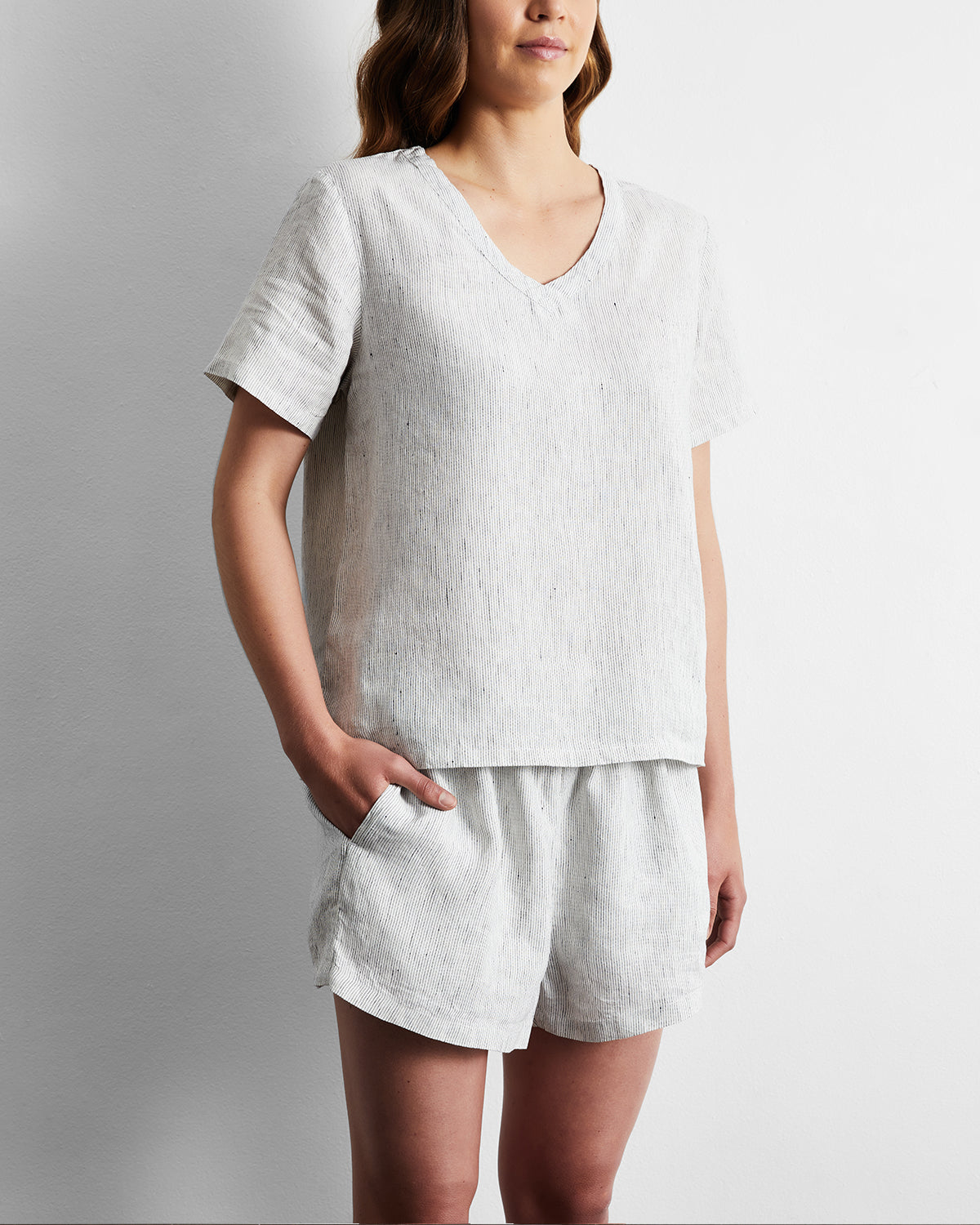 Pinstripe 100% French Flax Linen Shorts - Image 4