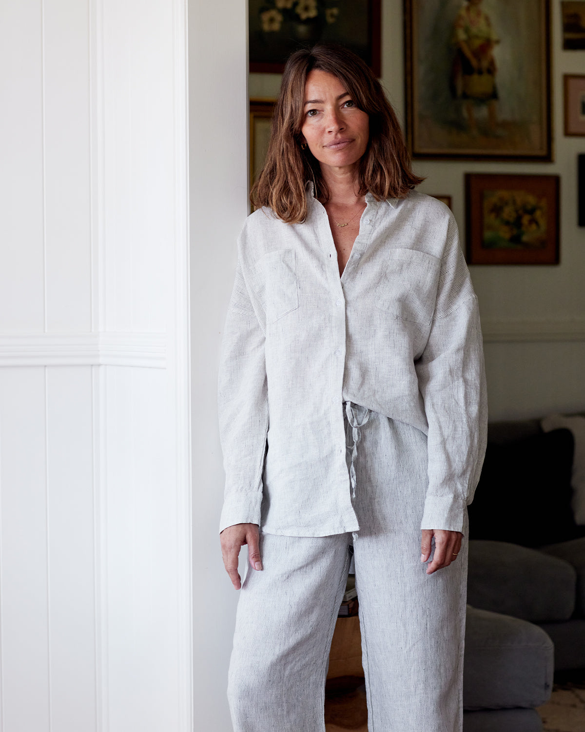 Pinstripe 100% French Flax Linen Long Sleeve Shirt - Image 4