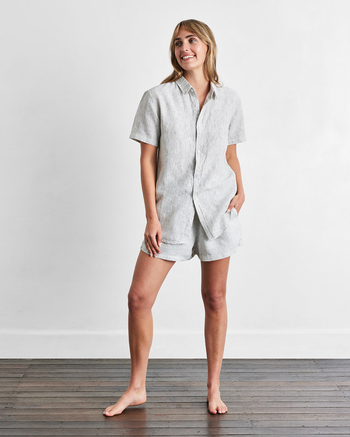 Pinstripe 100% French Flax Linen Short Sleeve Shirt - Image 2