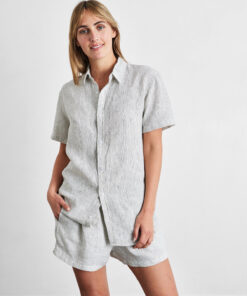 Pinstripe 100% French Flax Linen Short Sleeve Shirt