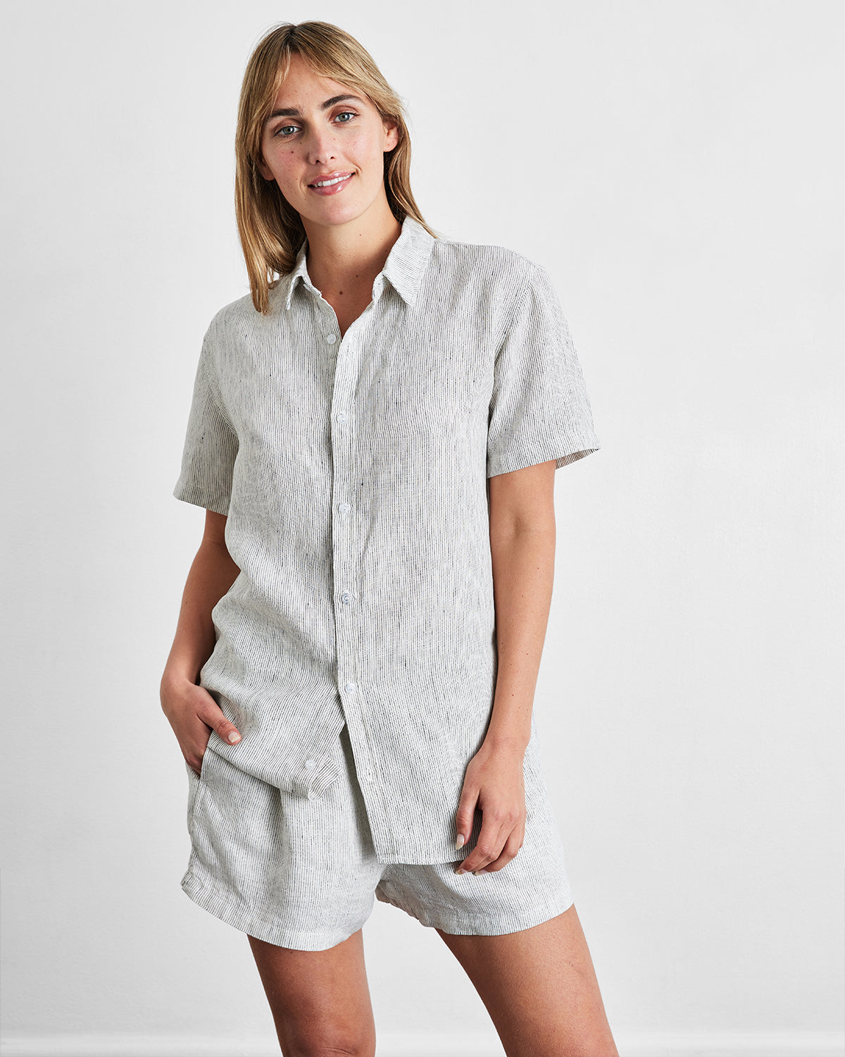 Pinstripe 100% French Flax Linen Short Sleeve Shirt