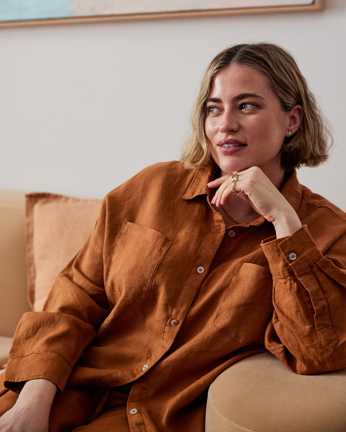 Rust 100% French Flax Linen Long Sleeve Shirt - Image 4