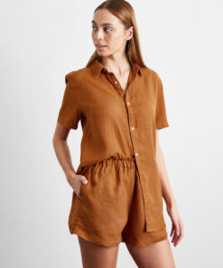 Rust 100% French Flax Linen Short Sleeve Shirt