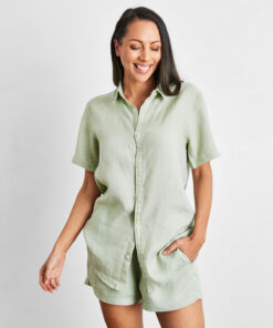 Sage 100% French Flax Linen Short Sleeve Shirt