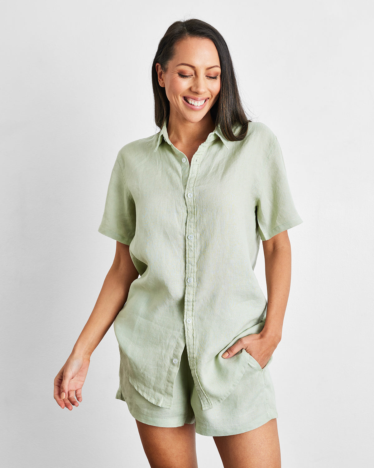 Sage 100% French Flax Linen Short Sleeve Shirt