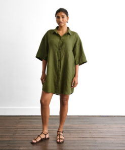 Villa Linen Shirt Dress in Olive