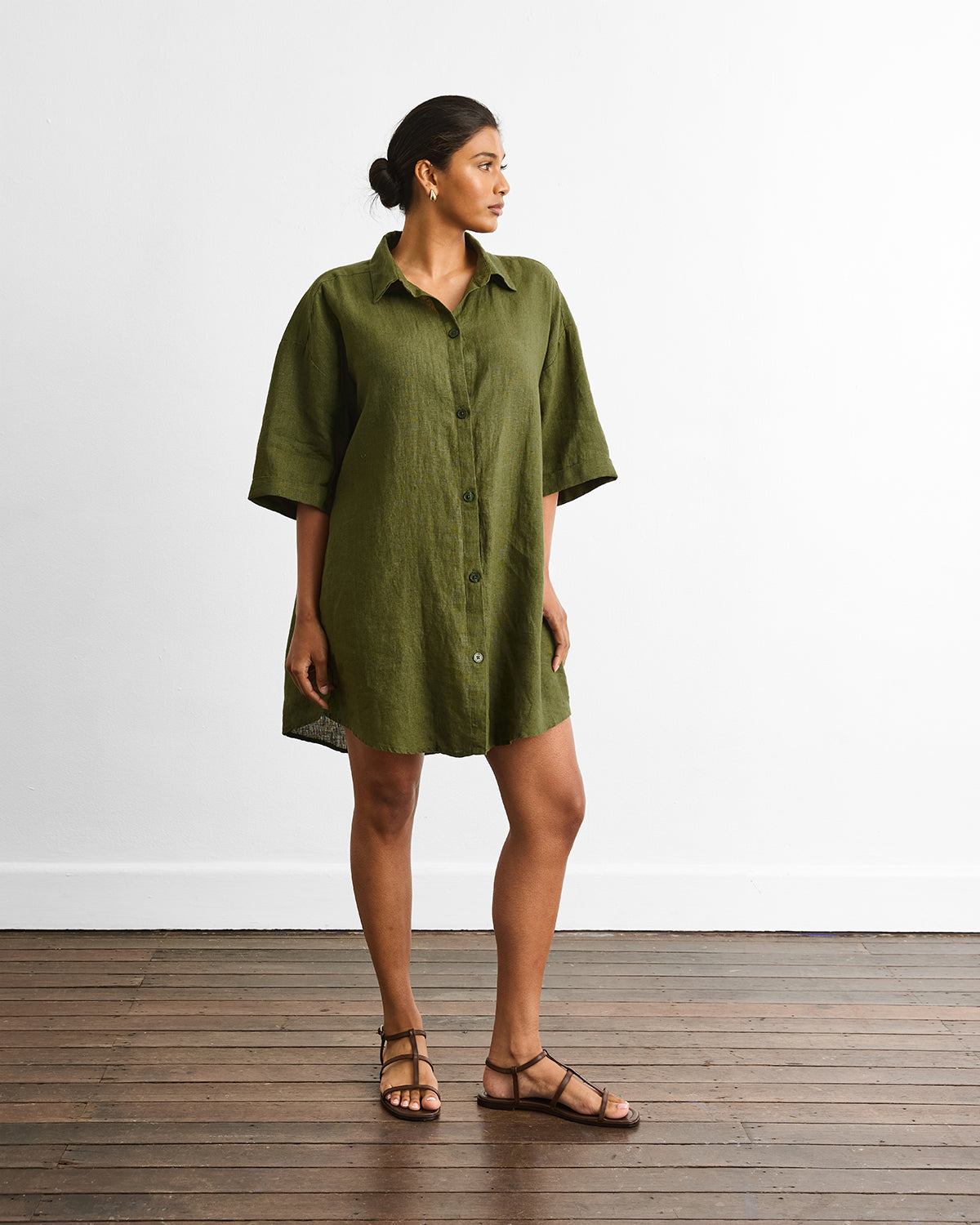 Villa Linen Shirt Dress in Olive - Image 2