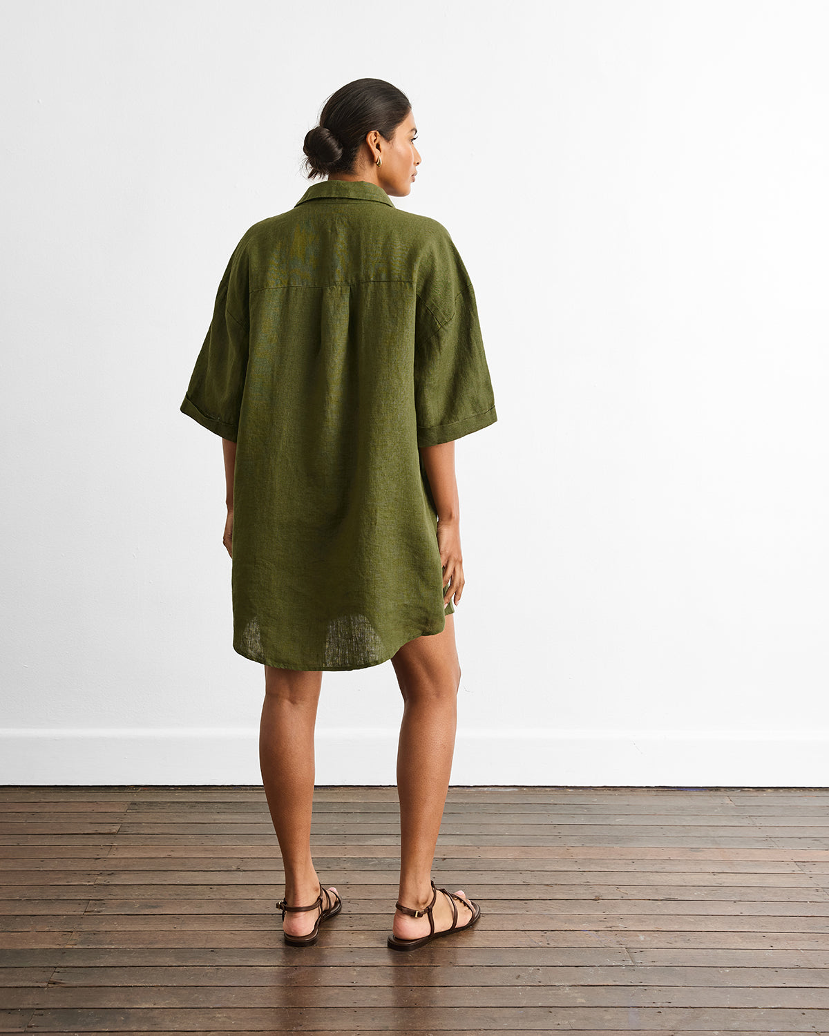 Villa Linen Shirt Dress in Olive - Image 3