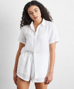 White 100% French Flax Linen Short Sleeve Shirt